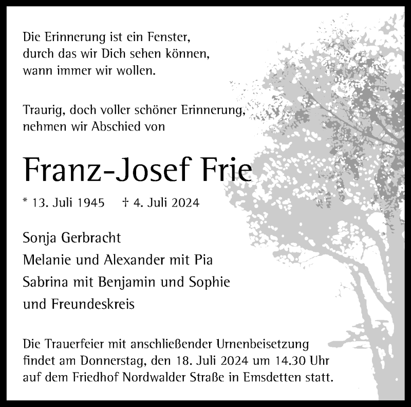  Traueranzeige für Franz-Josef Frie vom 13.07.2024 aus 