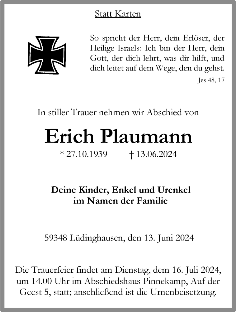  Traueranzeige für Erich Plaumann vom 10.07.2024 aus 