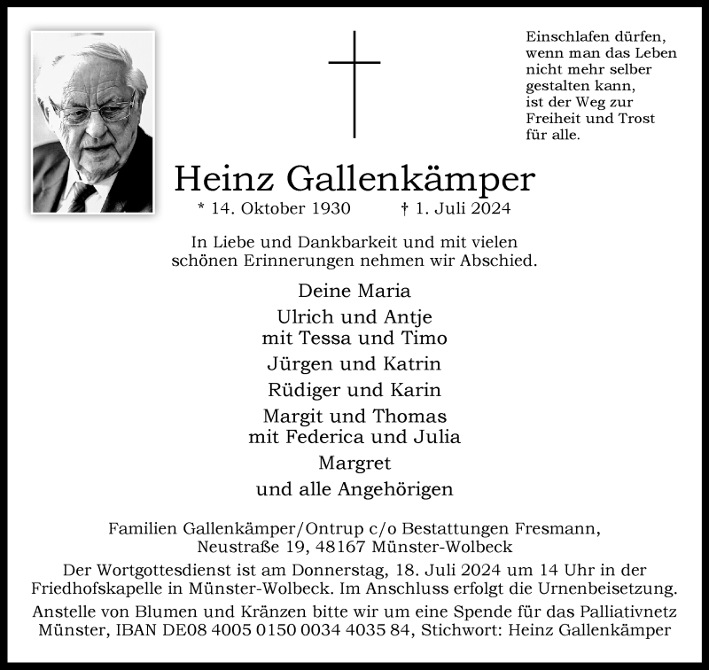  Traueranzeige für Heinz Gallenkämper vom 13.07.2024 aus 