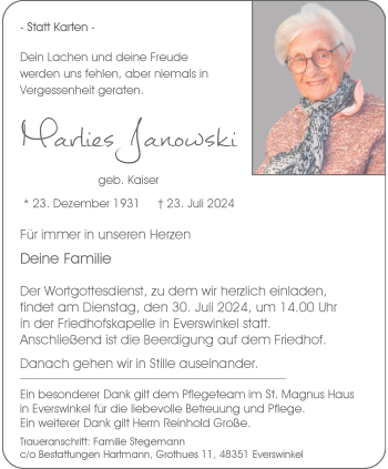 Anzeige von Marlies Janowski 