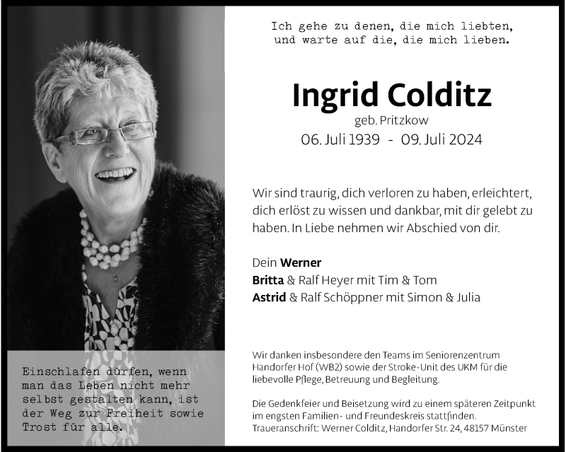  Traueranzeige für Ingrid Colditz vom 13.07.2024 aus 