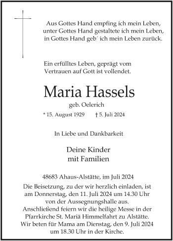 Anzeige von Maria Hassels 