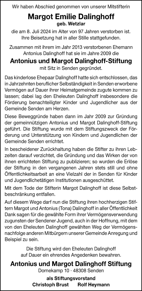  Traueranzeige für Margot Emilie Dalinghoff vom 13.07.2024 aus 