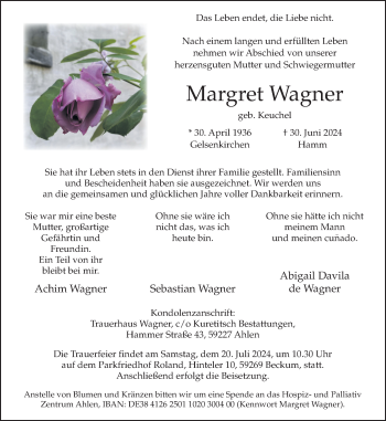 Anzeige von Margret Wagner 