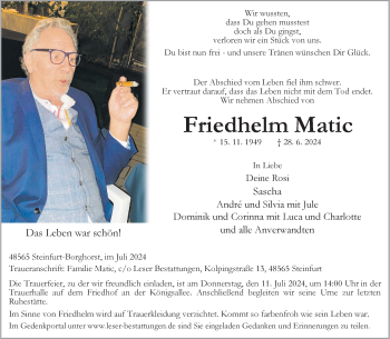 Anzeige von Friedhelm Matic 