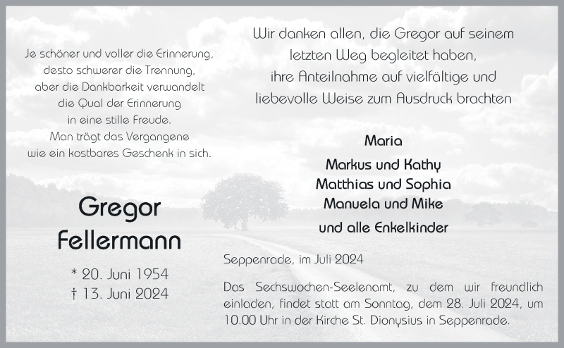  Traueranzeige für Gregor Fellermann vom 22.07.2024 aus 