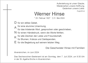 Anzeige von Werner Hinse 