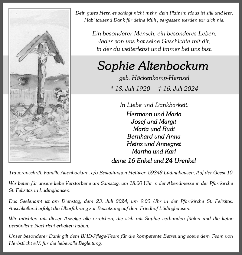  Traueranzeige für Sophie Altenbockum vom 19.07.2024 aus 