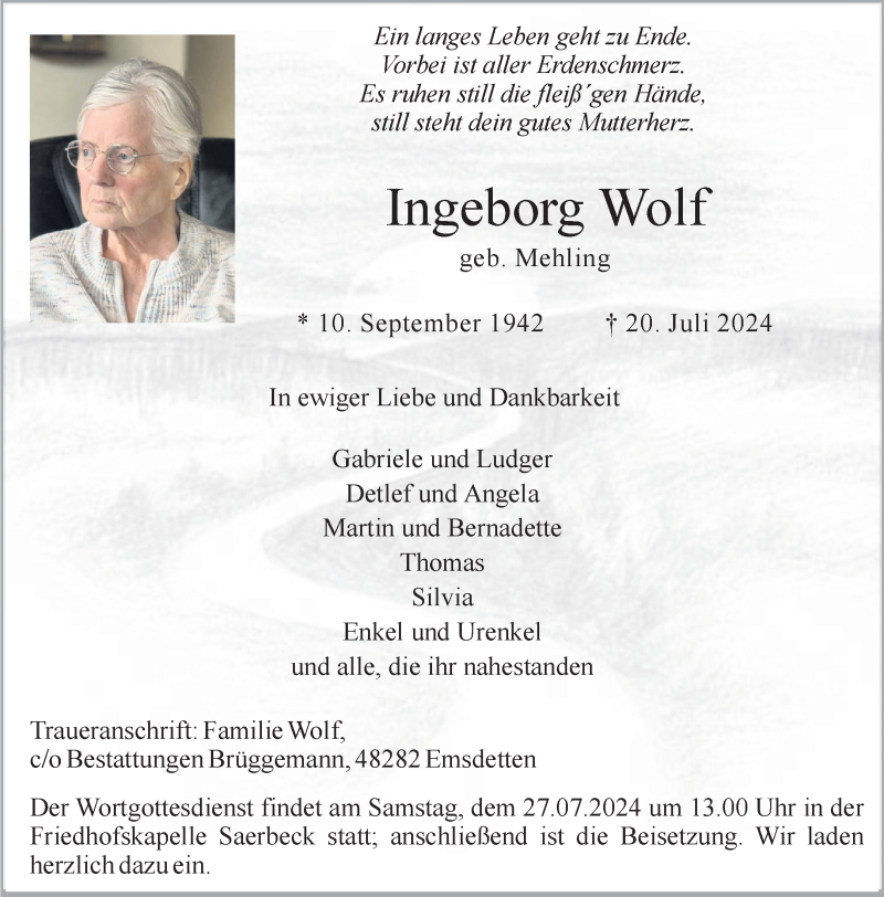  Traueranzeige für Ingeborg Wolf vom 24.07.2024 aus 