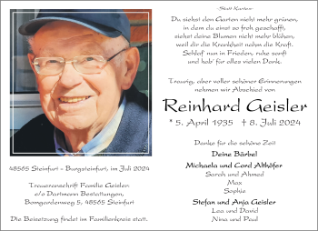 Anzeige von Reinhard Geisler 