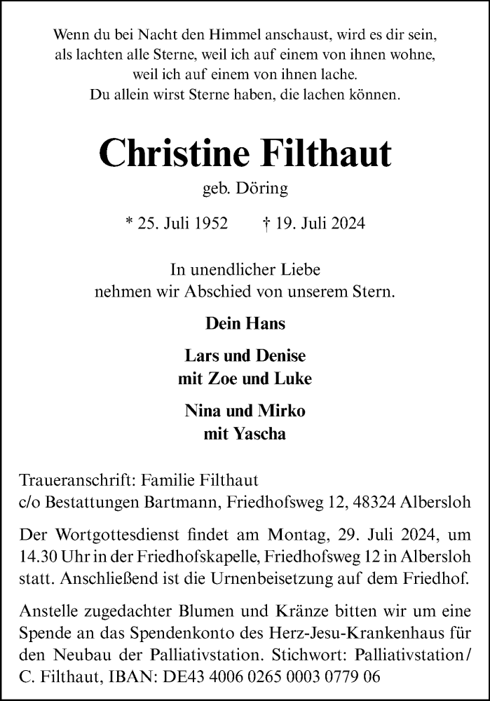  Traueranzeige für Christine Filthaut vom 27.07.2024 aus 