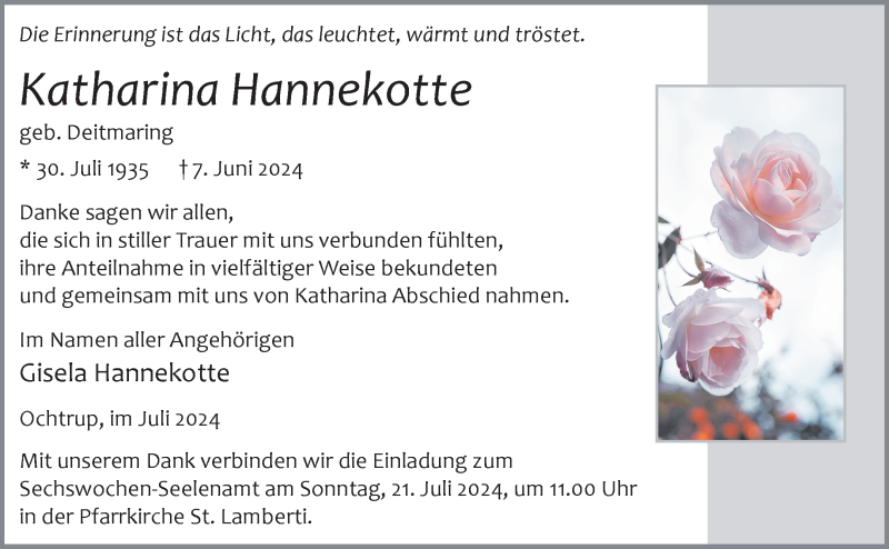  Traueranzeige für Katharina Hannekotte vom 17.07.2024 aus 