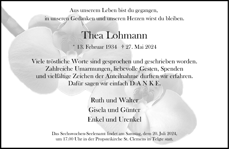  Traueranzeige für Thea Lohmann vom 17.07.2024 aus 
