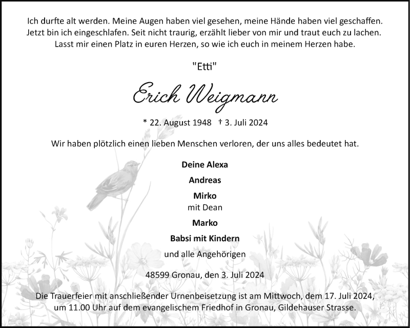  Traueranzeige für Erich Weigmann vom 13.07.2024 aus 