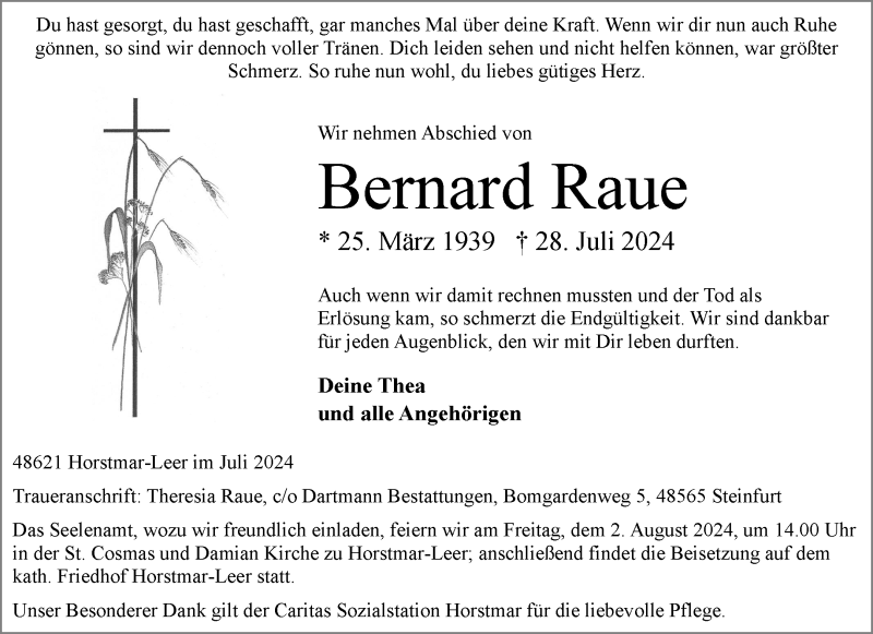  Traueranzeige für Bernard Raue vom 31.07.2024 aus 
