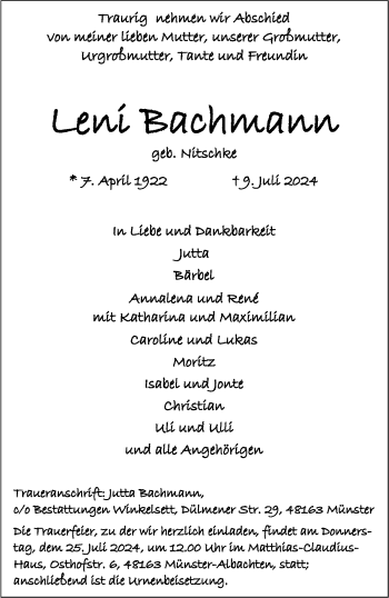 Anzeige von Leni Bachmann 