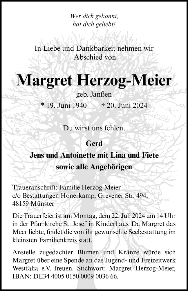  Traueranzeige für Margret Herzog-Meier vom 29.06.2024 aus 