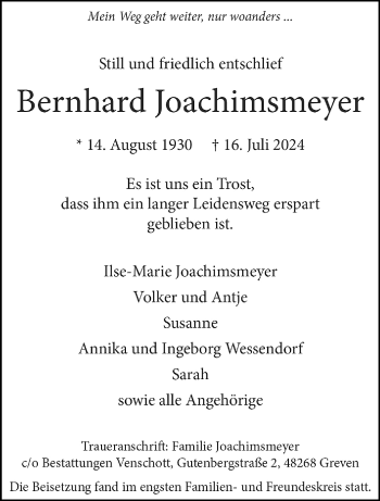 Anzeige von Bernhard Joachimsmeyer 