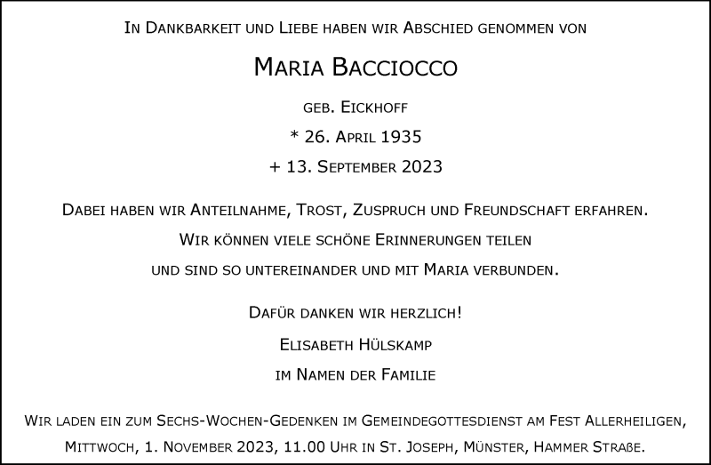  Traueranzeige für Maria Bacciocco vom 28.10.2023 aus 