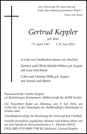Anzeige von Gertrud Keppler 