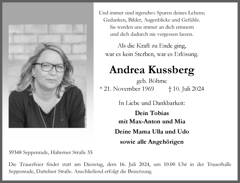  Traueranzeige für Andrea Kussberg vom 13.07.2024 aus 
