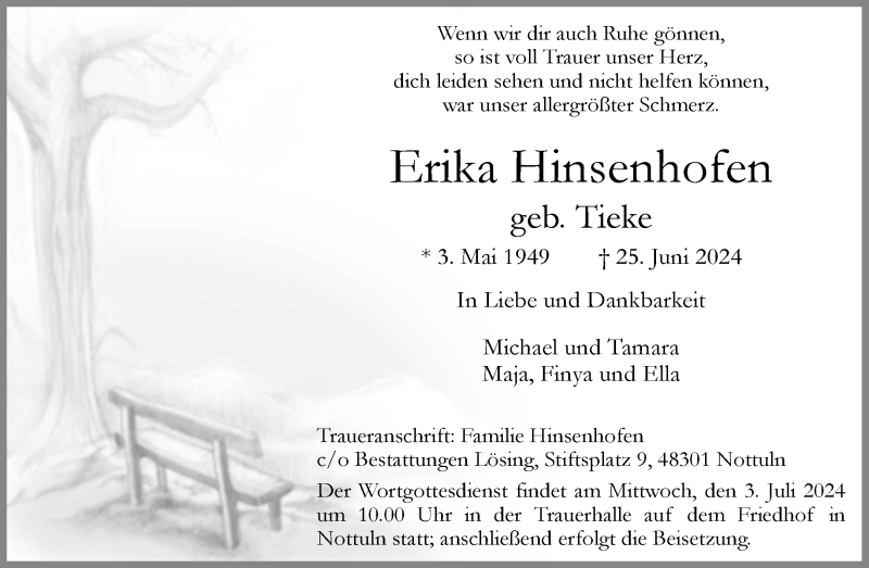  Traueranzeige für Erika Hinsenhofen vom 01.07.2024 aus 