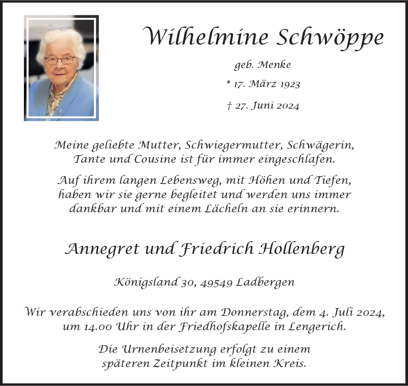  Traueranzeige für Wilhelmine Schwöppe vom 02.07.2024 aus 