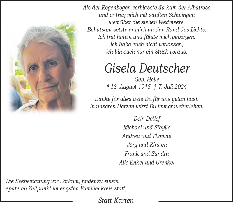  Traueranzeige für Gisela Deutscher vom 12.07.2024 aus 