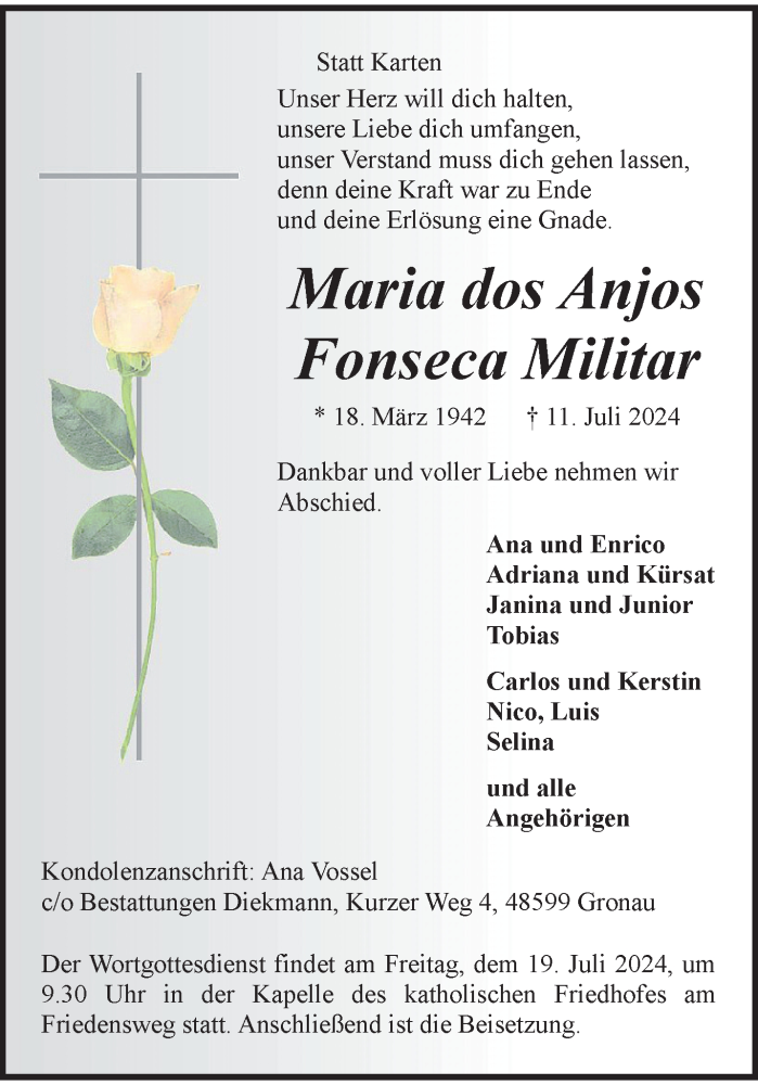  Traueranzeige für Maria Dos Anjos Fonseca Militar vom 17.07.2024 aus 