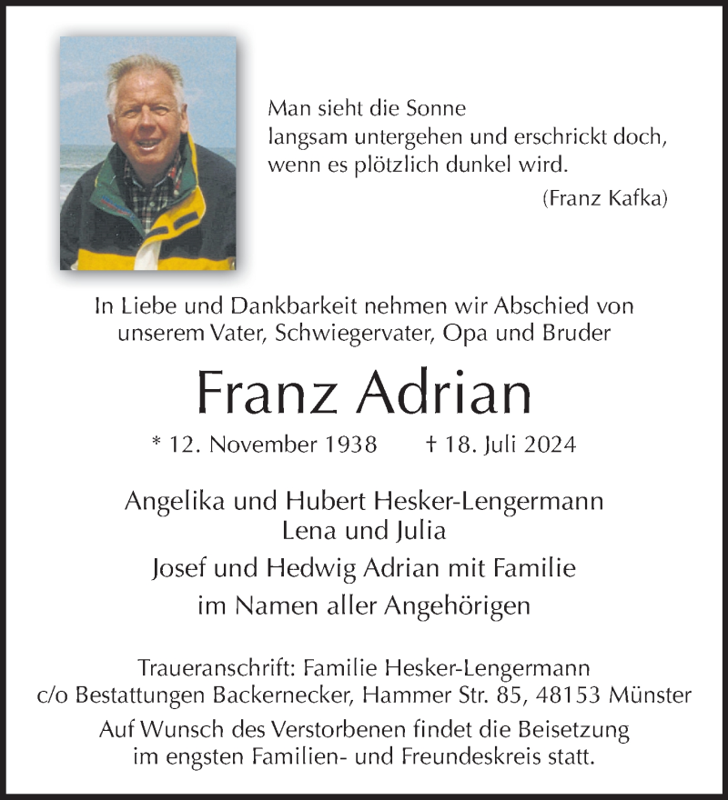  Traueranzeige für Franz Adrian vom 27.07.2024 aus 