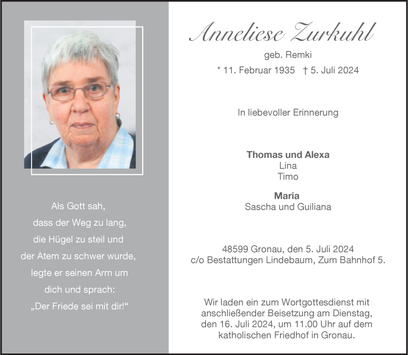  Traueranzeige für Anneliese Zurkuhl vom 10.07.2024 aus 