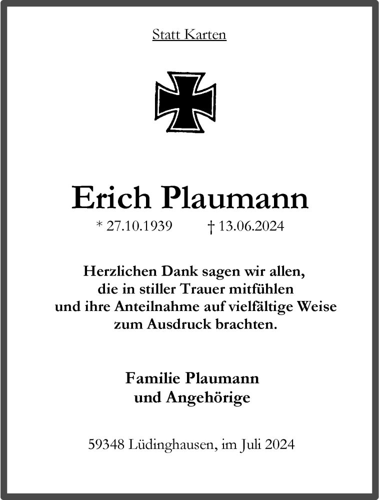  Traueranzeige für Erich Plaumann vom 27.07.2024 aus 