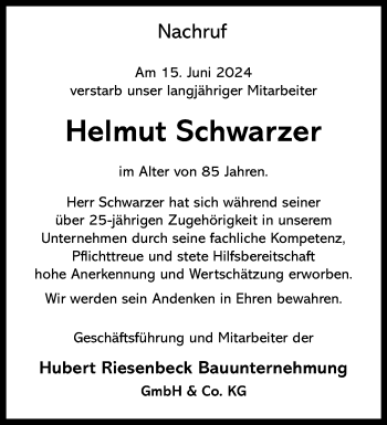 Anzeige von Helmut Schwarzer 