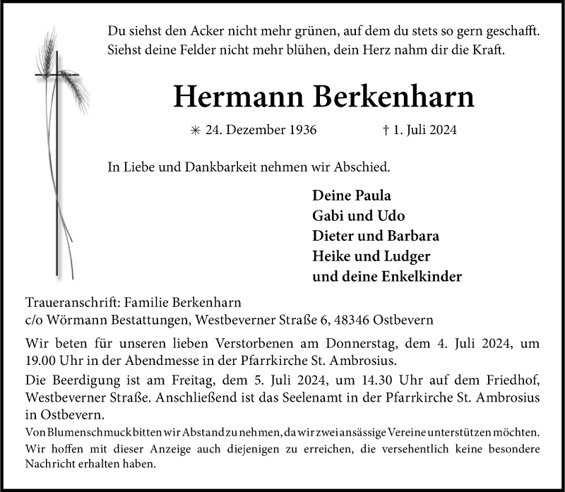  Traueranzeige für Hermann Berkenharn vom 03.07.2024 aus 