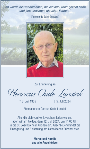 Anzeige von Henricus Oude Lansink 