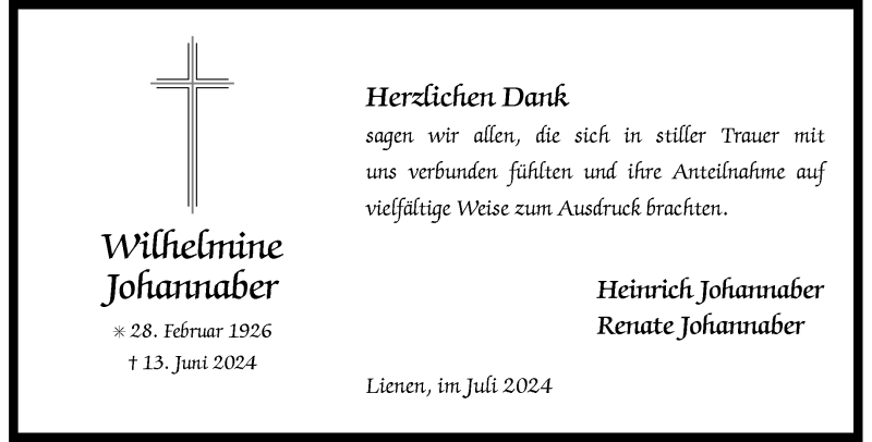  Traueranzeige für Wilhelmine Johannaber vom 27.07.2024 aus 