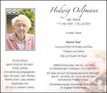 Anzeige von Hedwig Oelpmann 