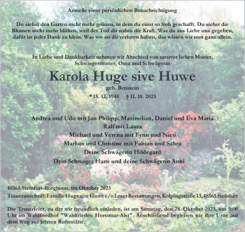 Anzeige von Karola Huge Sive Huwe 