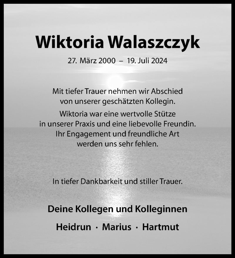  Traueranzeige für Wiktoria Walaszczyk vom 25.07.2024 aus 