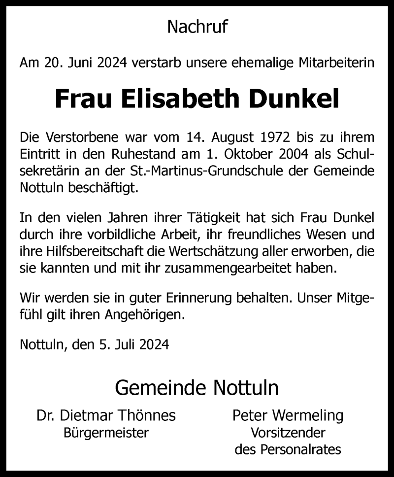  Traueranzeige für Elisabeth Dunkel vom 05.07.2024 aus 