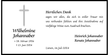 Anzeige von Wilhelmine Johannaber 