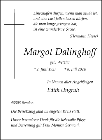 Anzeige von Margot Dalinghoff 