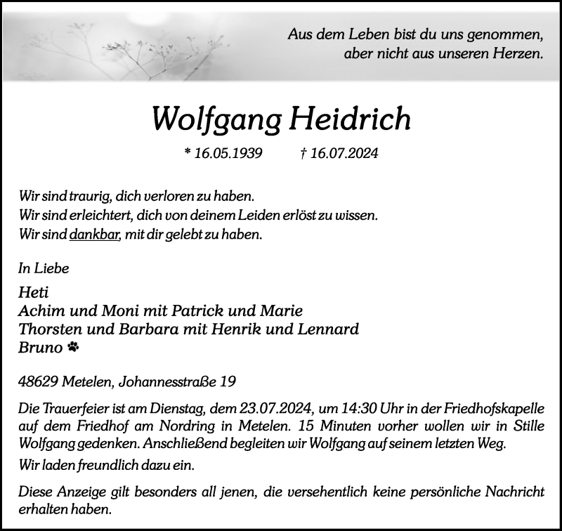  Traueranzeige für Wolfgang Heidrich vom 18.07.2024 aus 