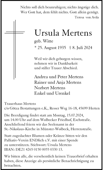 Anzeige von Ursula Mertens 