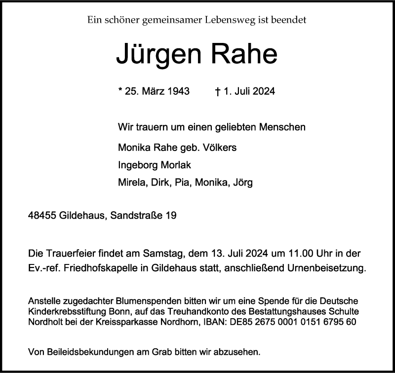  Traueranzeige für Jürgen Rahe vom 06.07.2024 aus 