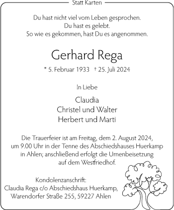 Anzeige von Gerhard Rega 