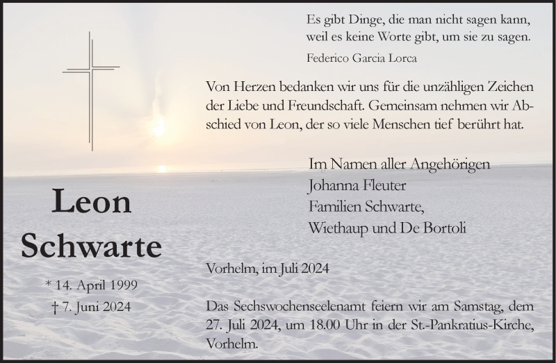  Traueranzeige für Leon Schwarte vom 20.07.2024 aus 
