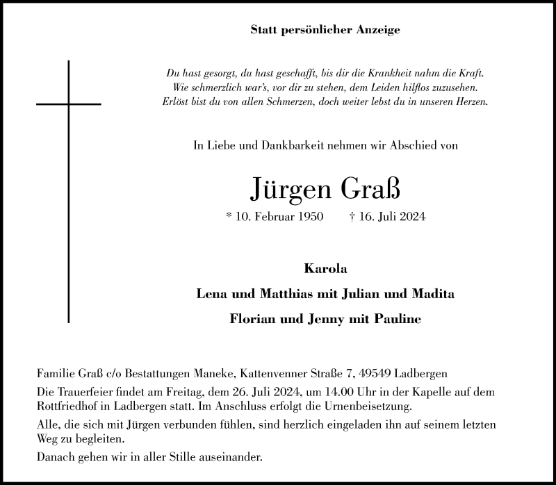  Traueranzeige für Jürgen Gra vom 20.07.2024 aus 