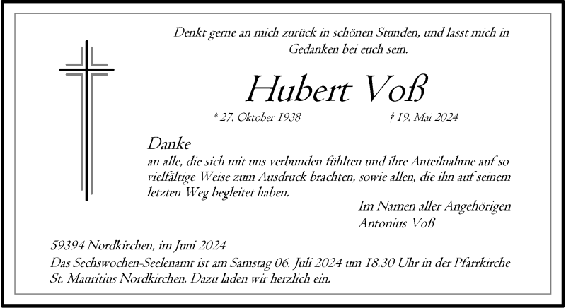  Traueranzeige für Hubert Voß vom 29.06.2024 aus 