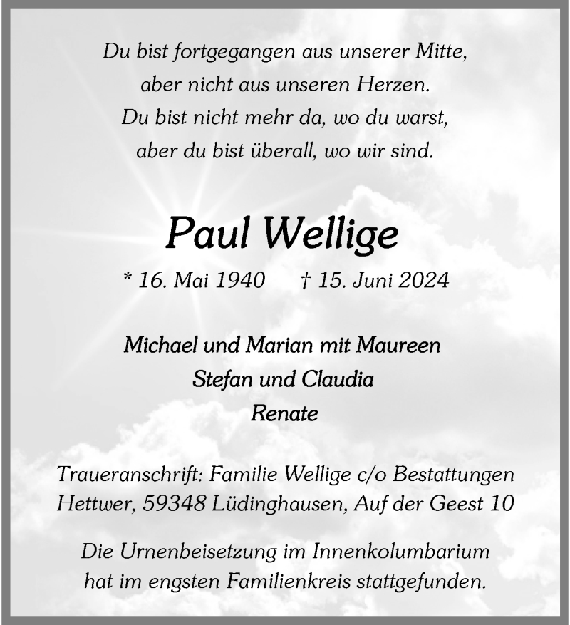 Traueranzeige für Paul Wellige vom 29.06.2024 aus 